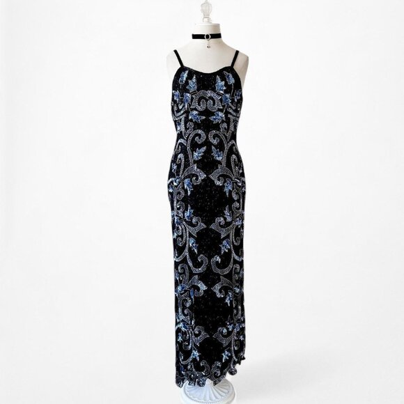 Vintage Black Blue Floral Beaded Silk Bodycon Maxi Prom Dress Size M - Picture 4 of 8